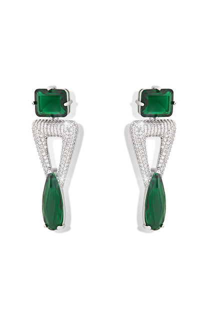 Silver Finish Zircon & Emerald Green Synthetic Stone Dangler Earrings