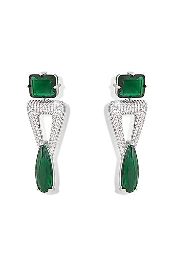 Silver Finish Zircon & Emerald Green Synthetic Stone Dangler Earrings