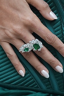 White Gold Finish Zircon & Emerald Stone Ring
