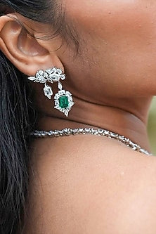 White Gold Finish Zircon & Emerald Stone Stud Earrings