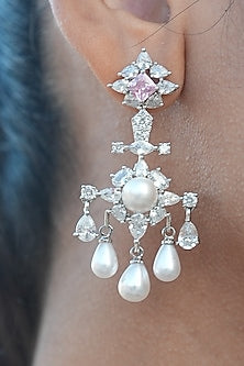 White Gold Finish Zircon & Pearl Dangler Earrings