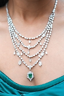 White Gold Finish Zircon & Emerald Green Stone Long Necklace