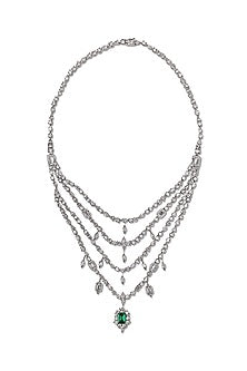 White Gold Finish Zircon & Emerald Green Stone Long Necklace