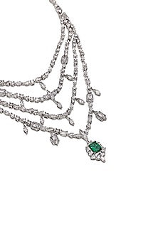 White Gold Finish Zircon & Emerald Green Stone Long Necklace