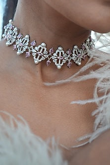 White Gold Finish Zircon & Pearl Necklace