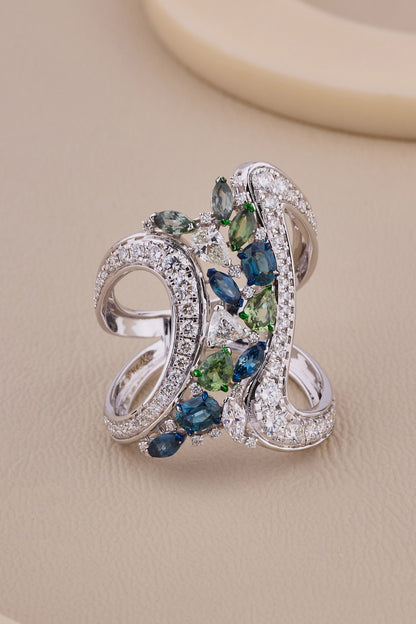 18kt White Gold Finish Diamond & Sapphire Stone Ring
