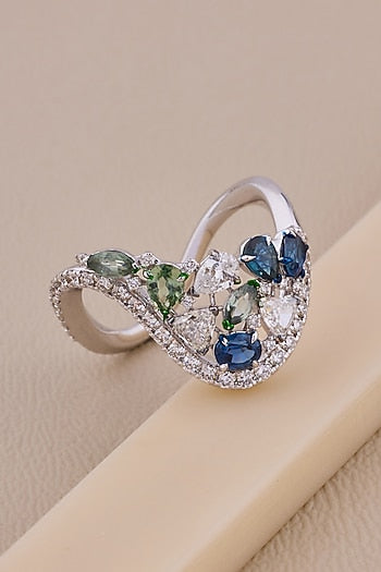 18kt White Gold Finish Diamond & Sapphire Stone cluster Ring