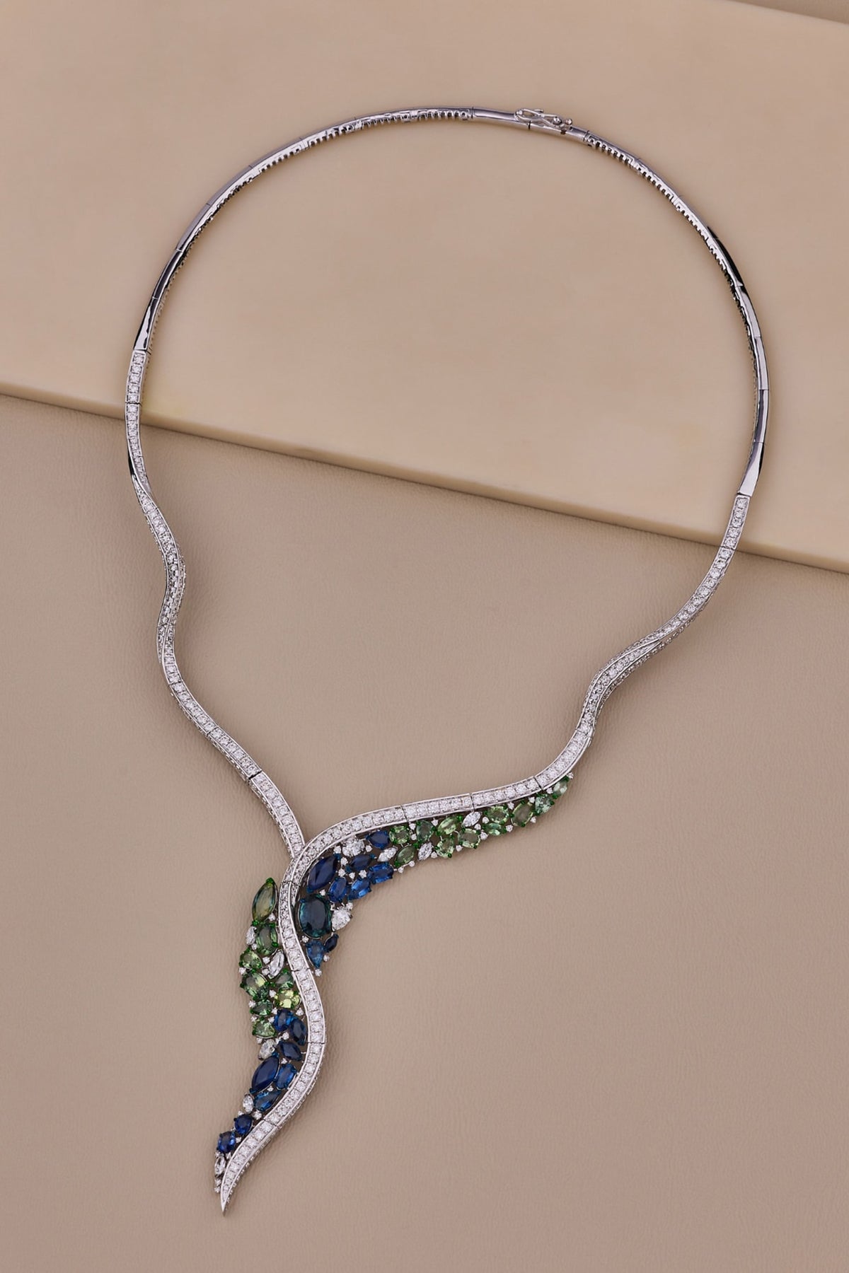 18kt White Gold Finish Diamond & Sapphire Stone Necklace
