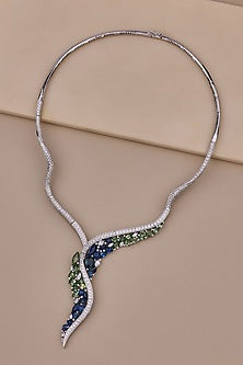 18kt White Gold Finish Diamond & Sapphire Stone Necklace