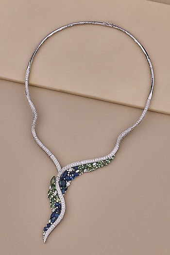 18kt White Gold Finish Diamond & Sapphire Stone Necklace