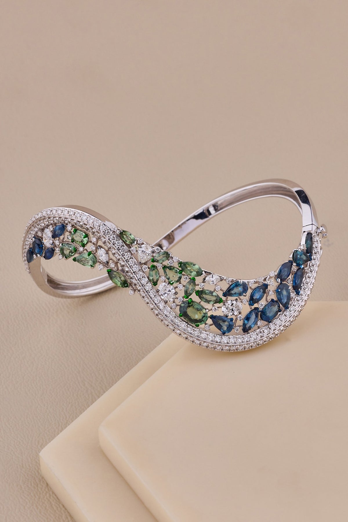 18kt White Gold Finish Diamond & Sapphire Stone Bangle