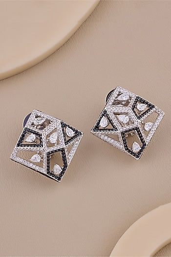 18kt White Gold Finish Diamond & Black Gemstone Stud Earrings