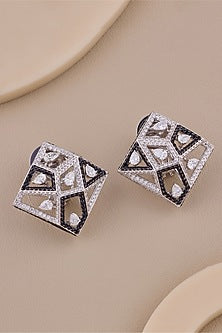 18kt White Gold Finish Diamond & Black Gemstone Stud Earrings