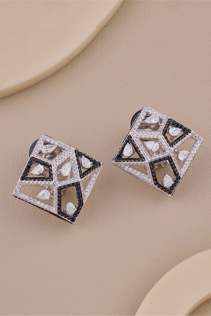 18kt White Gold Finish Diamond & Black Gemstone Stud Earrings