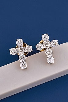 14kt Yellow Gold Finish Round Diamond Cross-Shaped Earrings