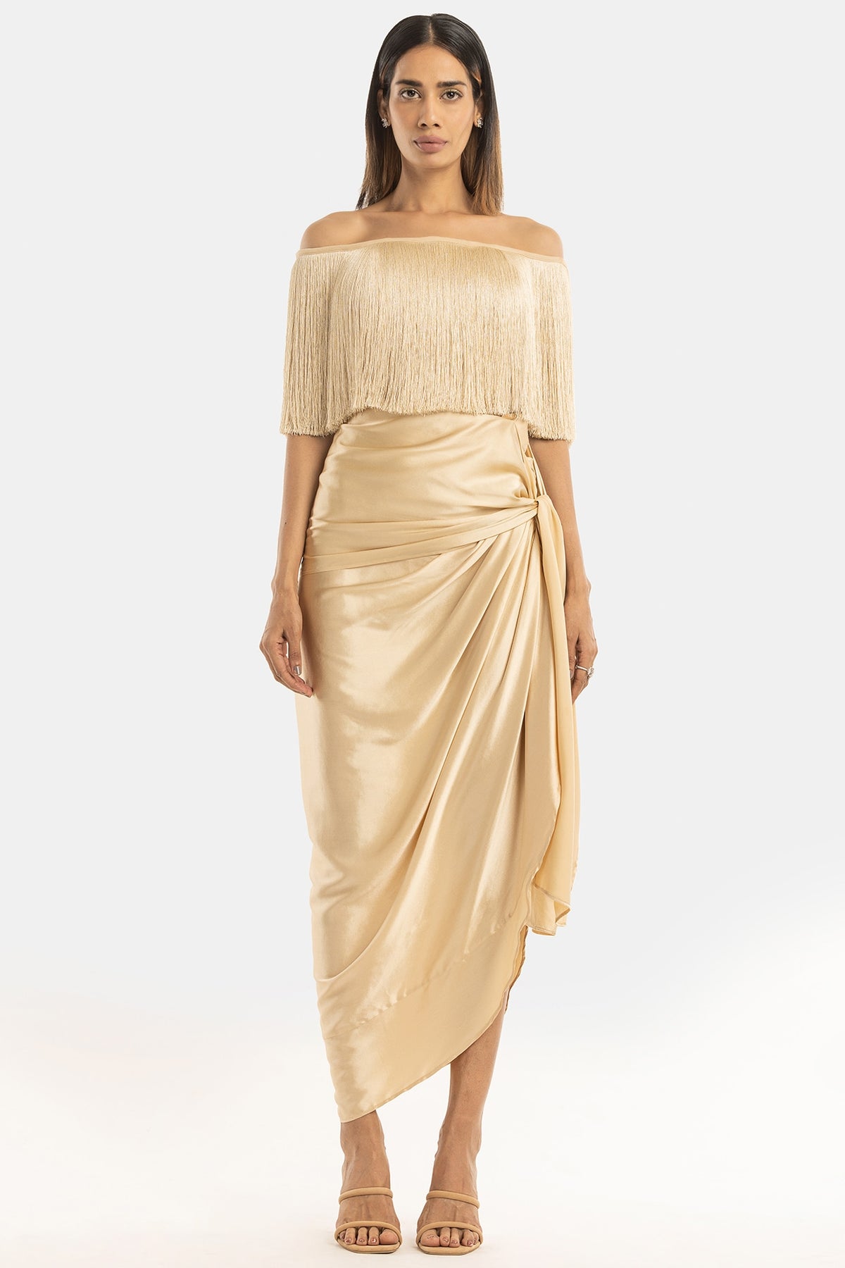 Champagne Fringe Off-Shoulder Top