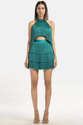 Emerald Green Mini Skirt In Fringe