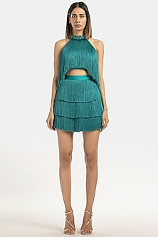 Emerald Green Mini Skirt In Fringe