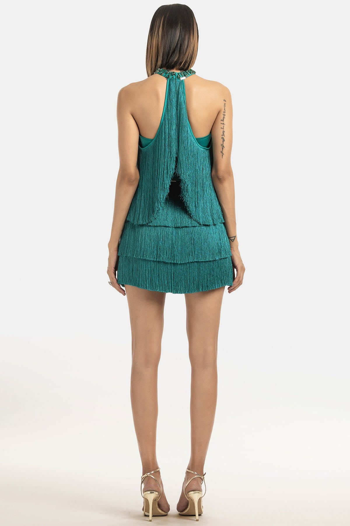 Emerald Green Mini Skirt In Fringe