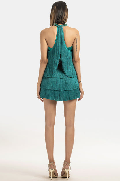 Emerald Green Mini Skirt In Fringe