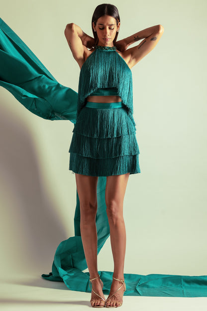 Emerald Green Mini Skirt In Fringe