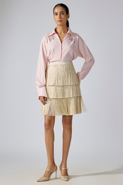 Beige Fringe Fabric Mini Skirt