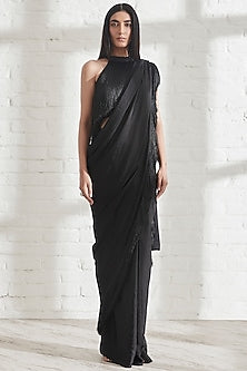 Black Hammered Satin Pre-Draped Saree With Black Halter Fringe Top