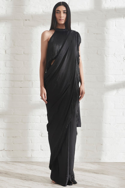 Black Hammered Satin Pre-Draped Saree With Black Halter Fringe Top