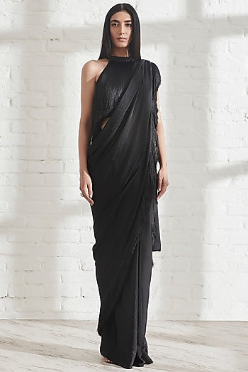 Black Hammered Satin Pre-Draped Saree With Black Halter Fringe Top