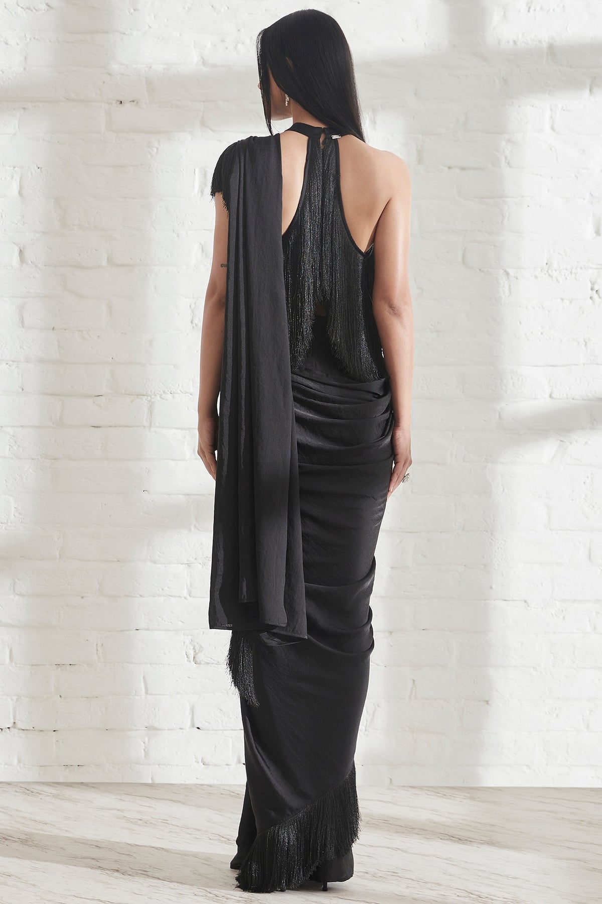 Black Hammered Satin Pre-Draped Saree With Black Halter Fringe Top