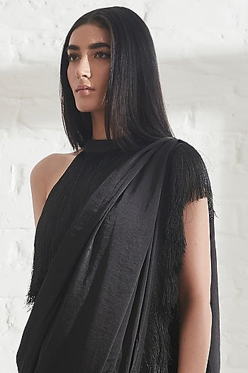 Black Hammered Satin Pre-Draped Saree With Black Halter Fringe Top