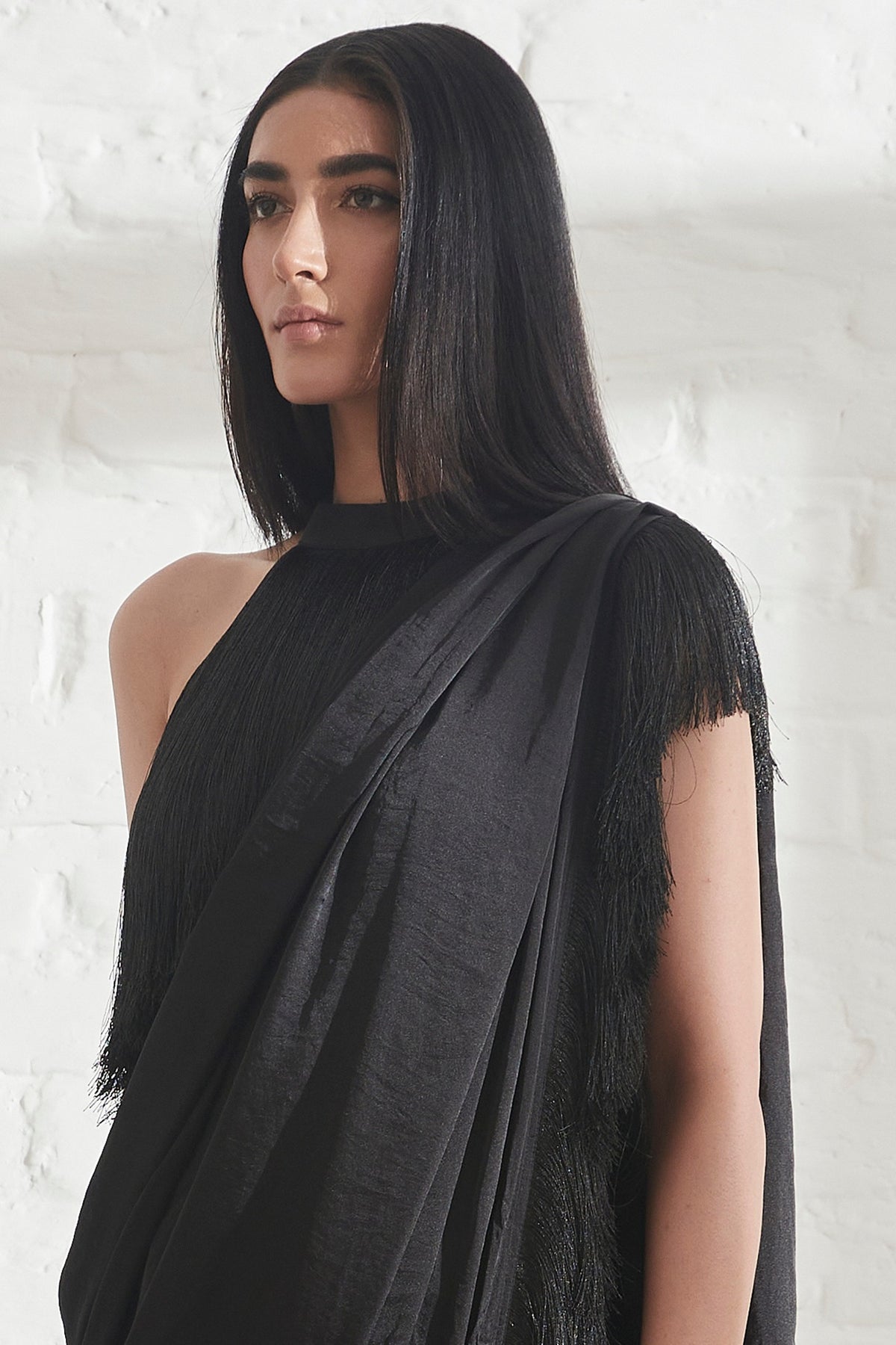 Black Hammered Satin Pre-Draped Saree With Black Halter Fringe Top