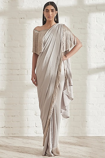 Grey Pre-Pleated Saree With Grey Off-Shoulder Fringe Top