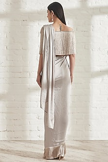 Grey Pre-Pleated Saree With Grey Off-Shoulder Fringe Top