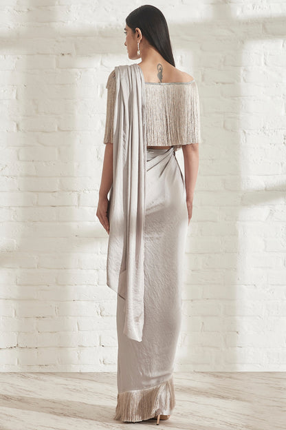 Grey Pre-Pleated Saree With Grey Off-Shoulder Fringe Top