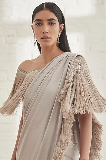 Grey Pre-Pleated Saree With Grey Off-Shoulder Fringe Top