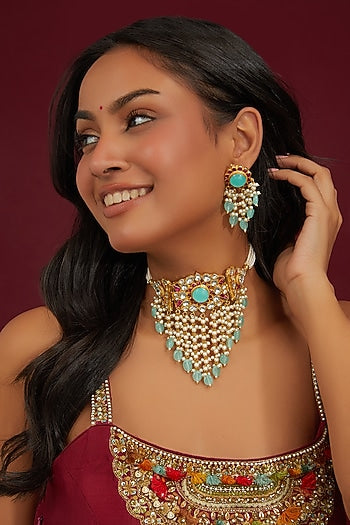 Gold Plated Jadau Kundan Polki Choker Necklace Set