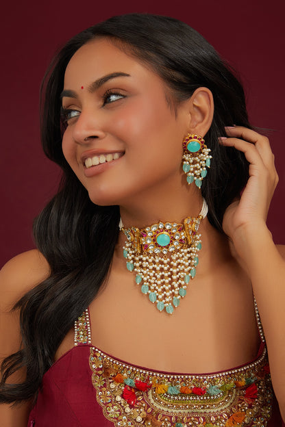 Gold Plated Jadau Kundan Polki Choker Necklace Set