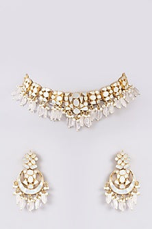 Gold Finish Grey Mother Of Pearl & Kundan Polki Choker Necklace Set
