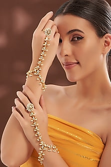 Gold Plated Kundan Polki & Pearl Hathphool (Set of 2)