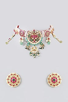 Gold Plated Kundan Polki & Semi-Precious Stone Choker Necklace Set