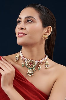 Gold Plated Kundan Polki & Semi-Precious Stone Choker Necklace Set