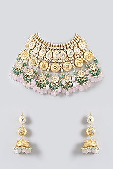 Gold Plated Pink Kundan Polki & Semi-Precious Stone Necklace Set