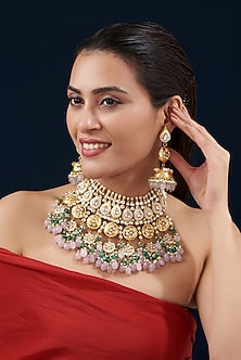 Gold Plated Pink Kundan Polki & Semi-Precious Stone Necklace Set