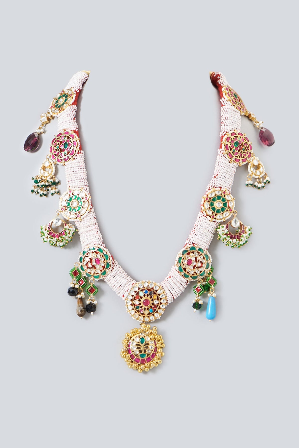 Gold Plated Kundan Polki & Semi-Precious Stone Long Necklace Set