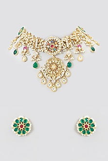 Gold Plated Kundan Polki & Semi-Precious Stone Choker Necklace Set