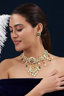 Gold Plated Kundan Polki & Semi-Precious Stone Choker Necklace Set