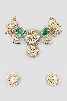 Gold Plated Kundan Polki & Semi-Precious Stone Choker Necklace Set