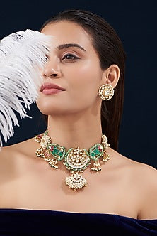 Gold Plated Kundan Polki & Semi-Precious Stone Choker Necklace Set