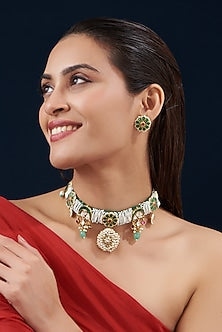 Gold Plated Kundan Polki & Semi-Precious Stone Choker Necklace Set